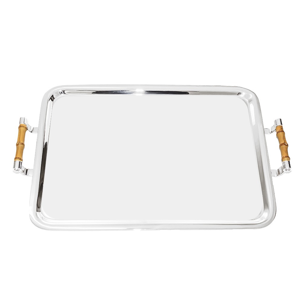 Bandeja Shefield Em Prata Com Alça Em Bambu 48 X 32 Cm