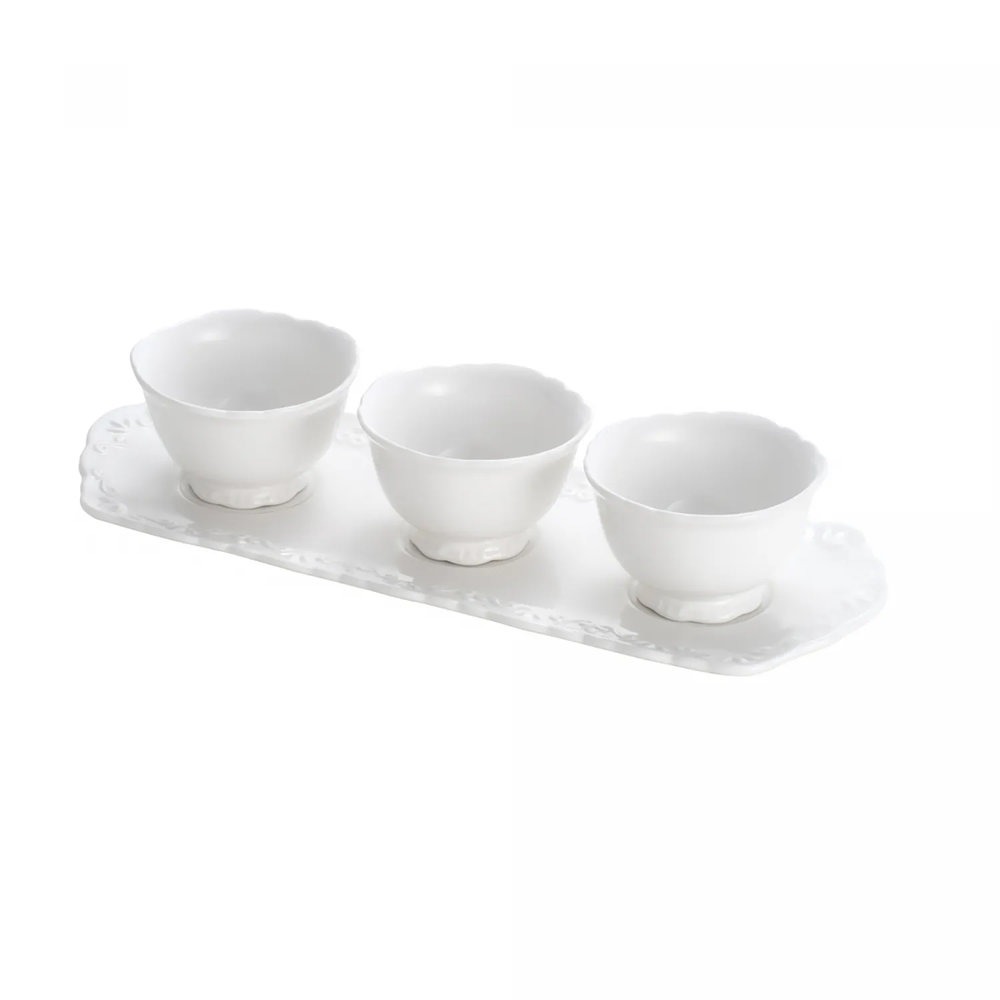 Conjunto 3 Petisqueiras de Porcelana Durable Porcelain Com Bandeja Alto Relevo 33cm X 13cm -wolff