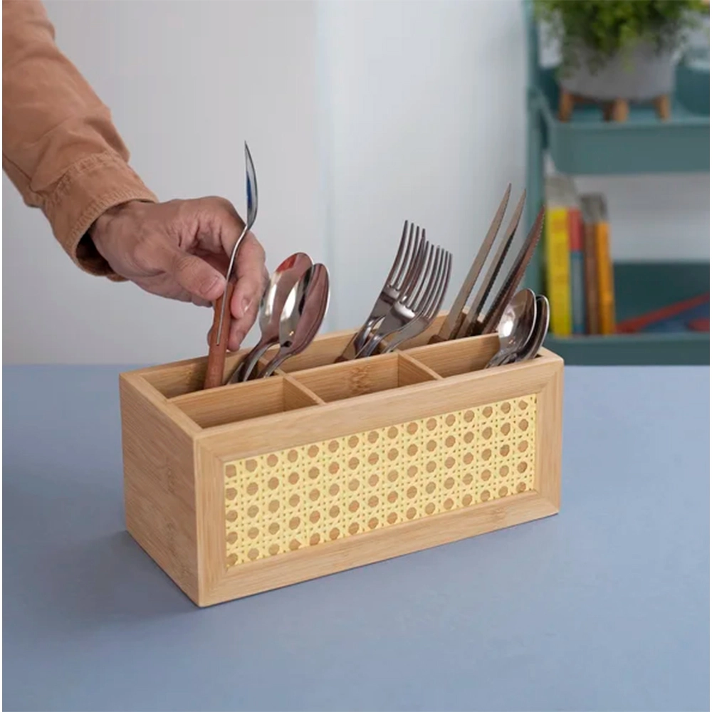 Caixa Organizadora 6 Divisórias Palhinha Oikos Bambu 12 X 10,5 X 25 Cm