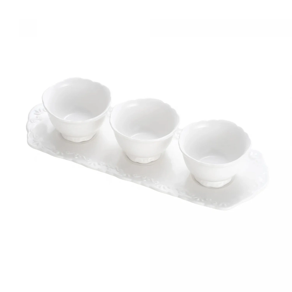 Conjunto 3 Petisqueiras de Porcelana Durable Porcelain Com Bandeja Alto Relevo 33cm X 13cm -wolff Conjunto 3 Petisqueiras de Porcelana Durable Porcelain Com Bandeja Alto Relevo 33cm X 13cm -wolff