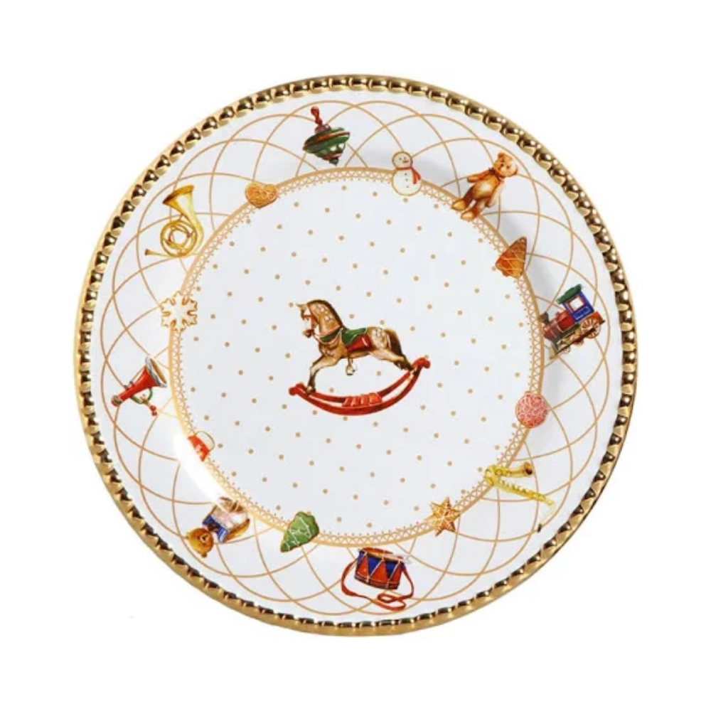 Jogo de Pratos Rasos Scalla Christmas Toys Com Ouro 28 Cm - 6 Peças