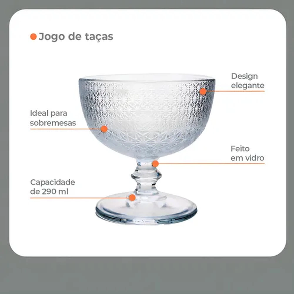 Jogo de Tacas Para Sobremesa Hub.me Com Detalhe Texturizado Transparente 290 Ml - 4 Pecas Jogo de Tacas Para Sobremesa Hub.me Com Detalhe Texturizado Transparente 290 Ml - 4 Pecas