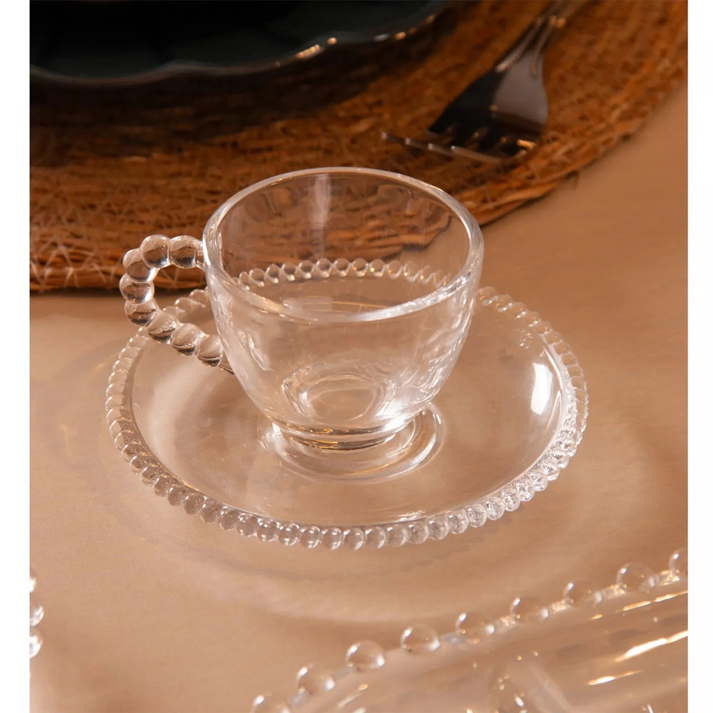 Jogo de Xicaras Para Cafe Com Pires Wolff Pearl Transparente 100 Ml - 4 Pecas