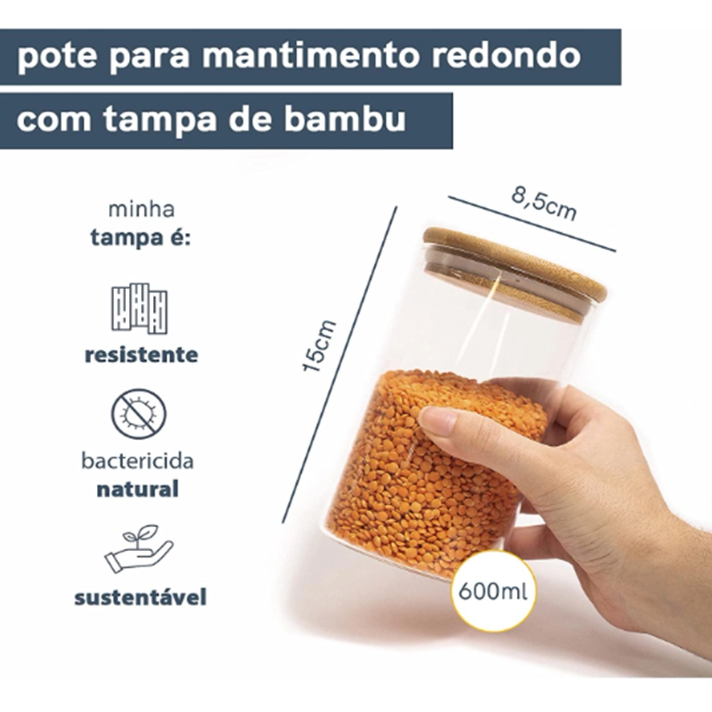 Pote Para Mantimentos Empilhável Redondo Com Tampa Oikos Bambu 600 Ml