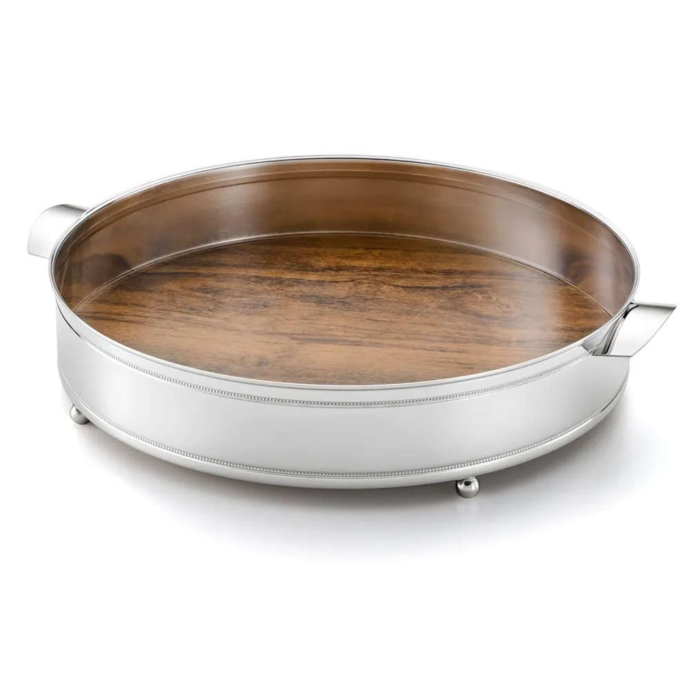 Bandeja Redonda Com Fundo de Madeira e Cordao Perola Saint James