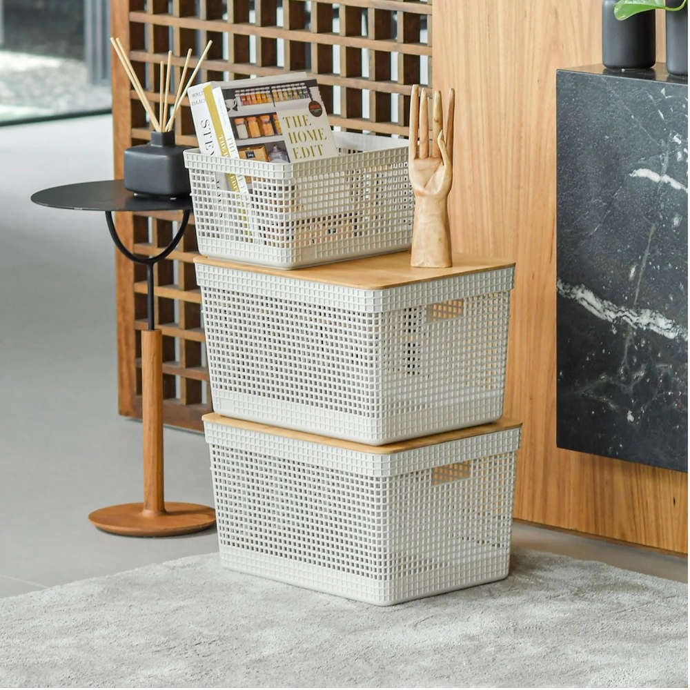 Cesto Organizador Com Tampa Ou Grid Bege 20 Litros