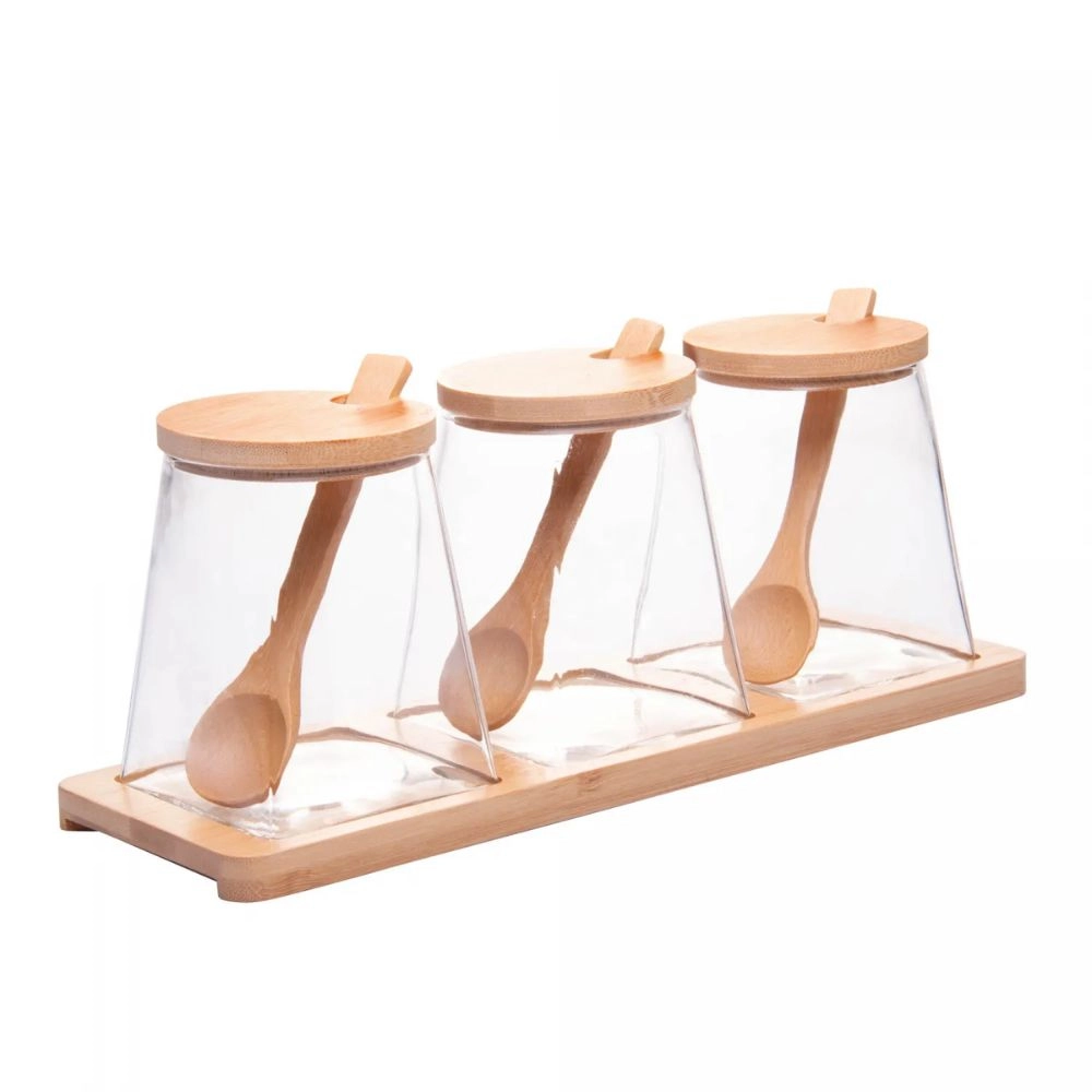 Conjunto 3 Potes Com Tampa Hermetica + Colher e Bandeja Em Bambu - Wolff