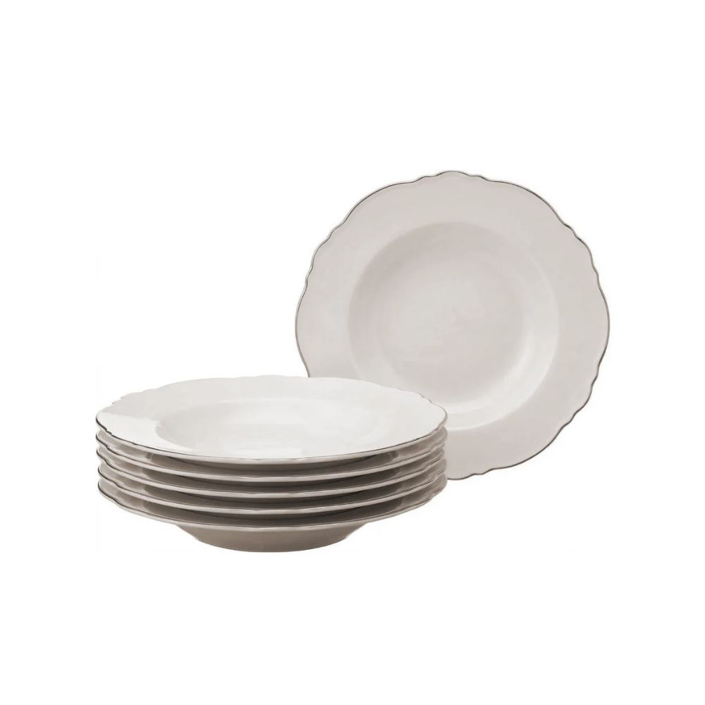 Jogo C/ 6 Pratos Para Sobremesa Wolff Maldivas Com Fio Prata 21 Cm