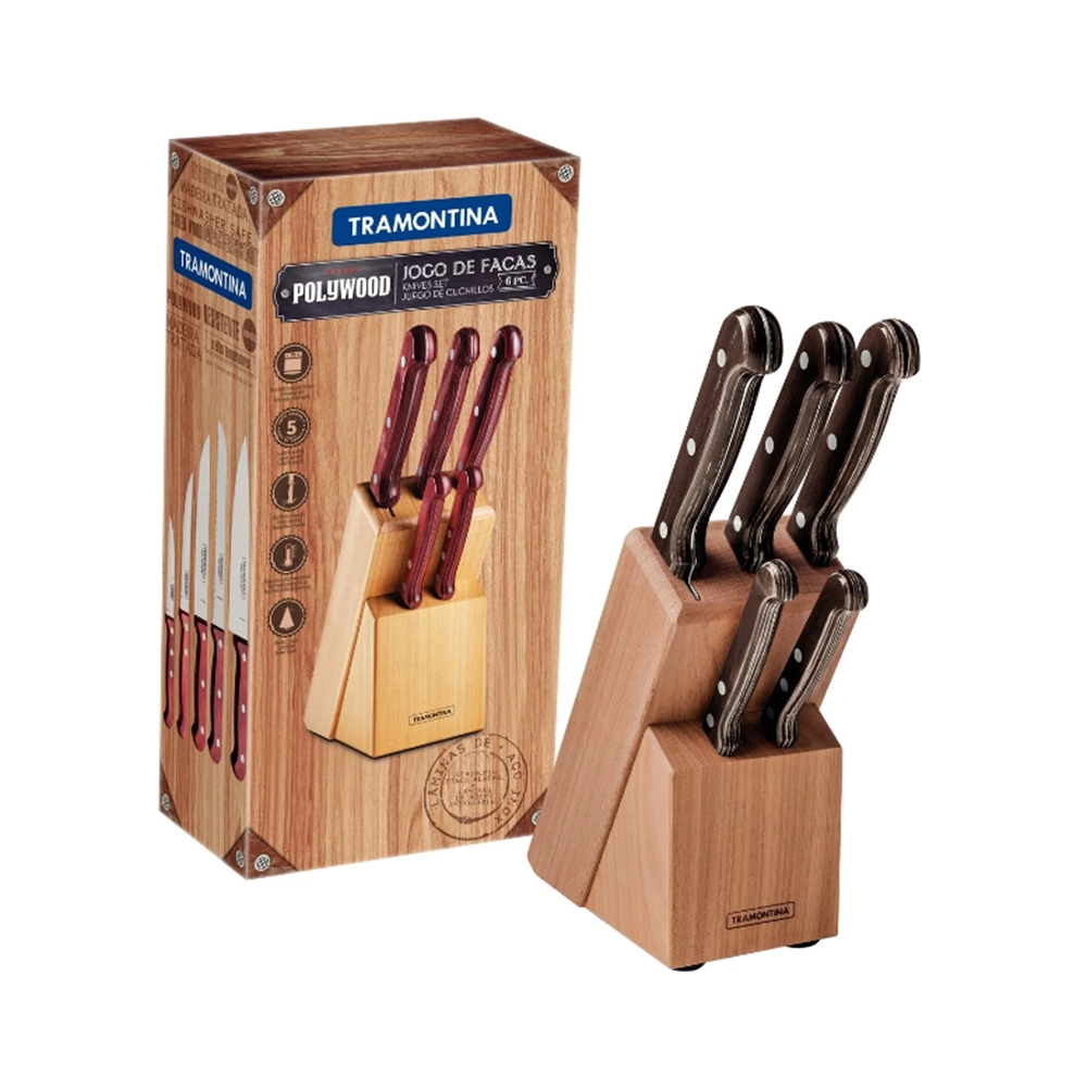 Jogo de Facas Tramontina Polywood Com Suporte de Madeira - 6 Peças