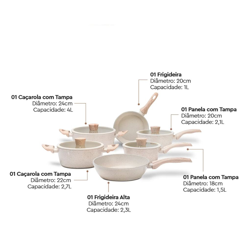 Jogo de Panelas C/ 6 Pecas Ceramic Life Sirius Vanilla