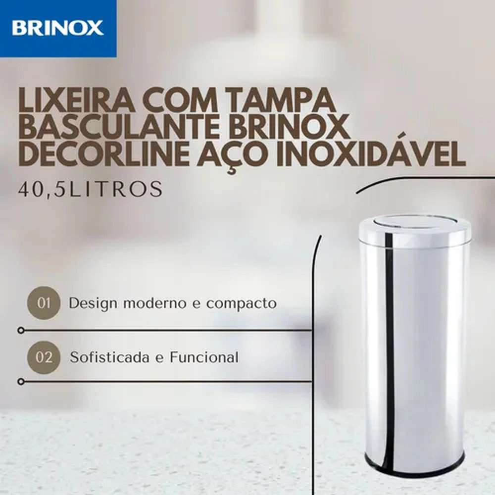 Lixeira Com Tampa Basculante Brinox Decorline 40,5 Litros Lixeira Com Tampa Basculante Brinox Decorline 40,5 Litros