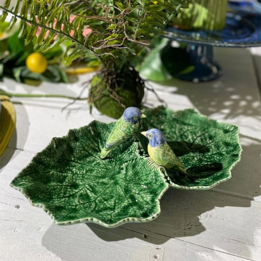 Petisqueira Folha Dupla Bordallo Pinheiro Cinenária Com Pássaros Azuis