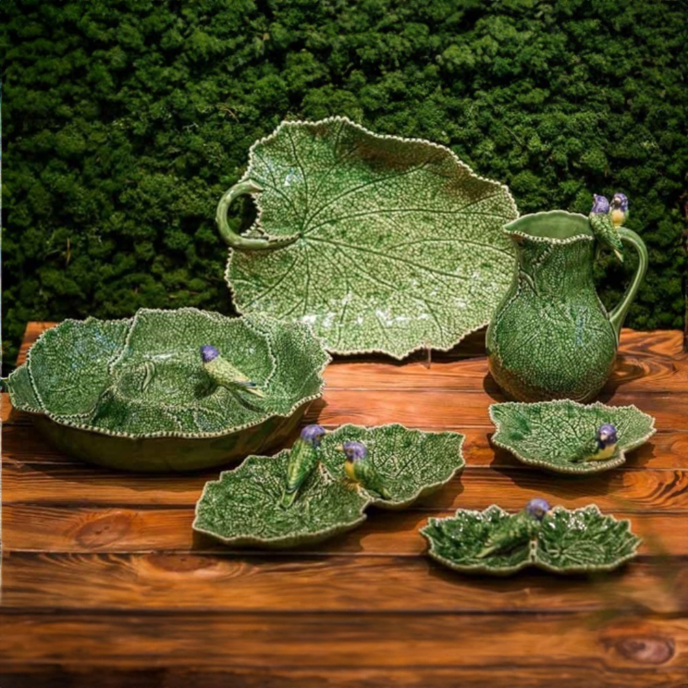 Petisqueira Folha Dupla Bordallo Pinheiro Cinenária Com Pássaros Azuis