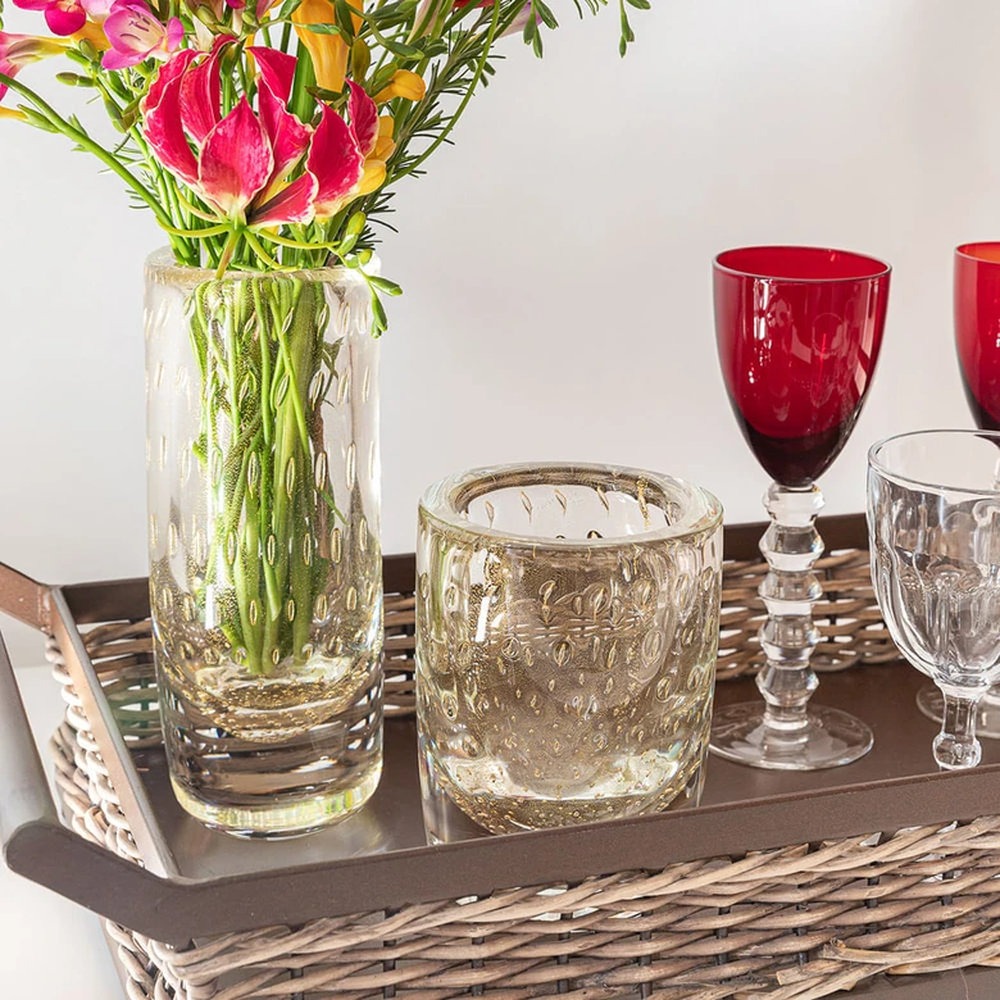 Vaso Cilindrico 2 Tela Cristais Ca D'oro Transparente Com Ouro 19 X 9 Cm