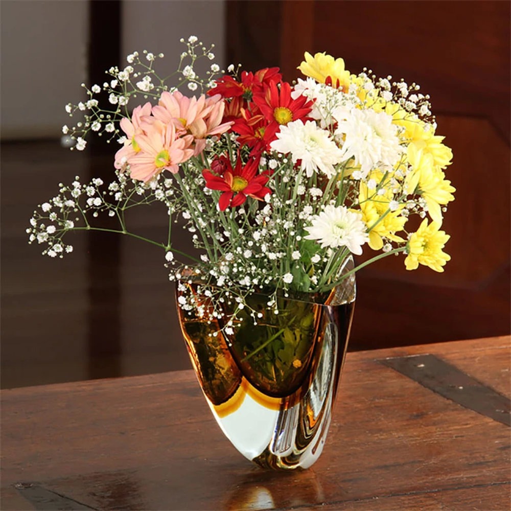 Vaso Triangular 4 Bicolor Nº 5 Cristais Ca D'oro Fume e Ambar 20 X 16 Cm