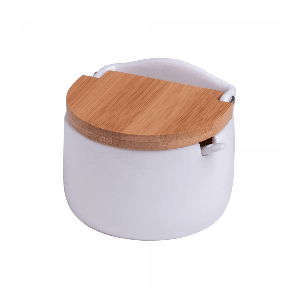 Saleiro de Mesa Ceramica C/ Tp Bambu e Colher